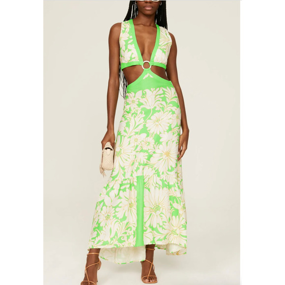Sandro Dress Womens 36 Small Green Floral Ludmila Cutout Midi Linen Blend - Picture 1 of 15